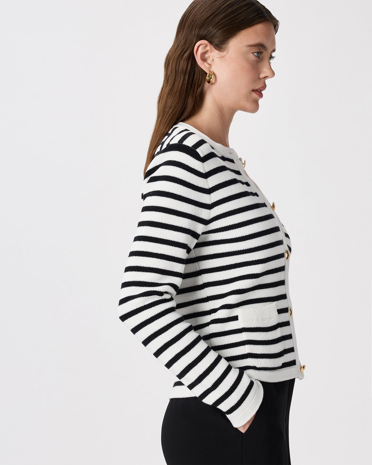 100% Organic Cotton Sweater Jacket in Ivory/Black - Side view