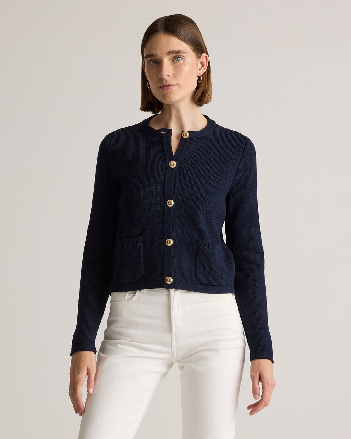 100% Organic Cotton Sweater Jacket in Navy - Front view