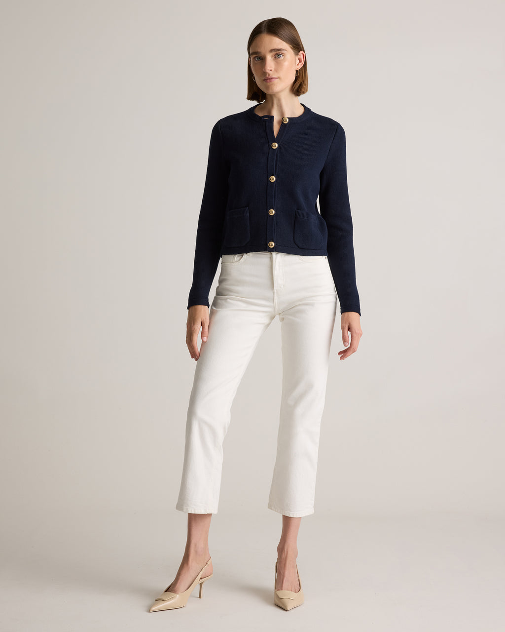 100% Organic Cotton Sweater Jacket in Navy - Full-length front view
