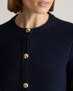 100% Organic Cotton Sweater Jacket in Navy - Neckline and button detail