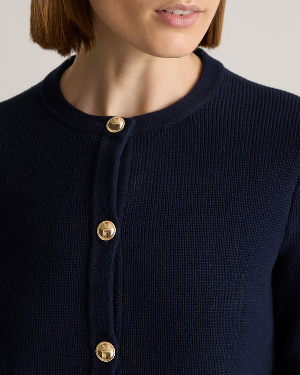 100% Organic Cotton Sweater Jacket in Navy - Neckline and button detail