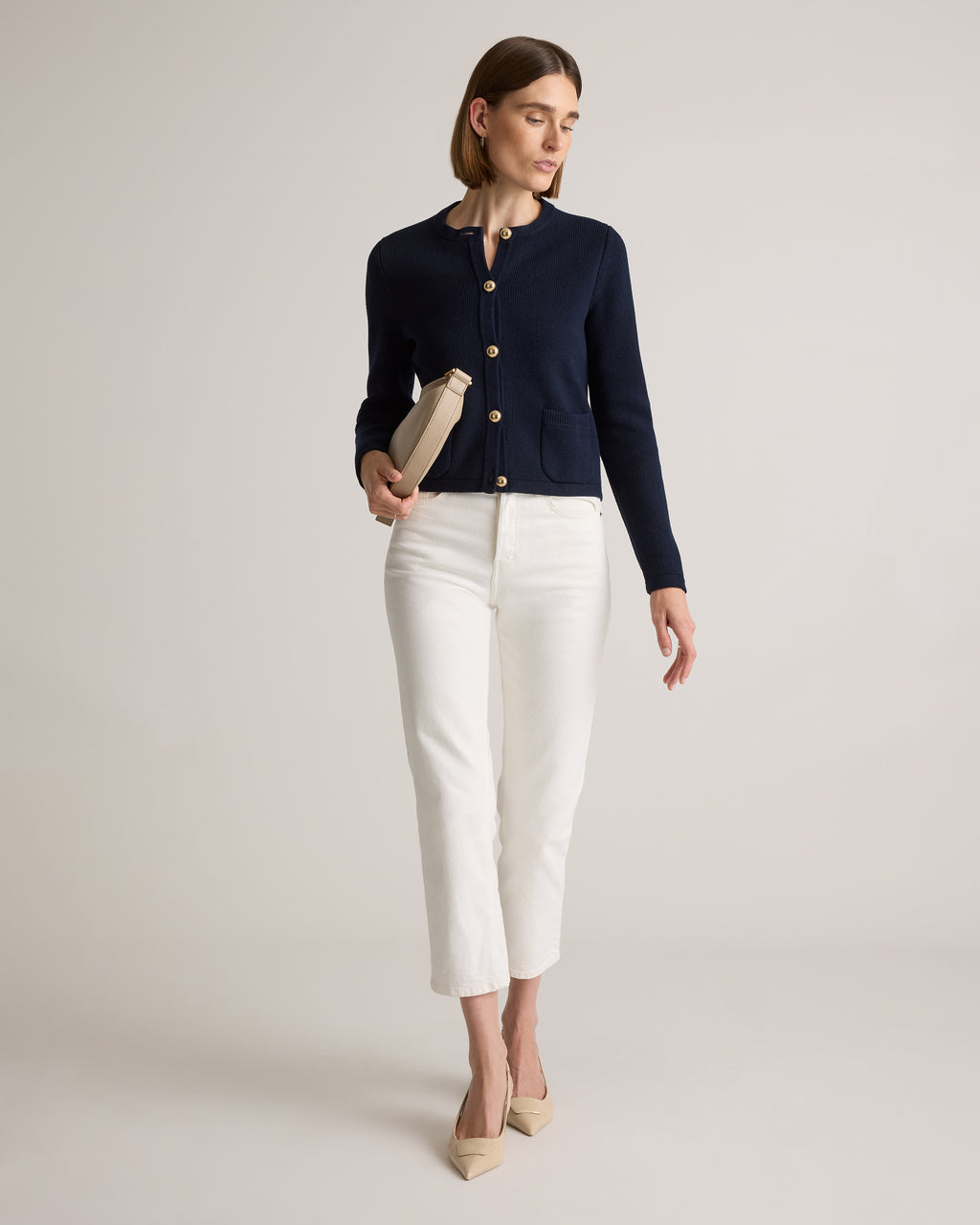 100% Organic Cotton Sweater Jacket in Navy - Styled front view