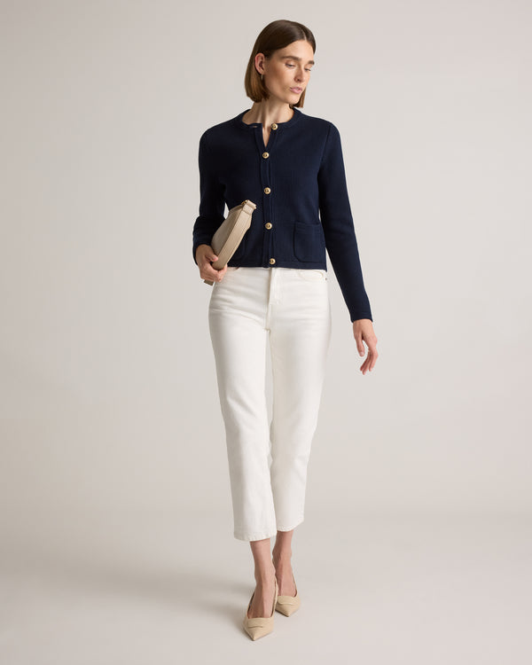 100% Organic Cotton Sweater Jacket in Navy - Styled front view