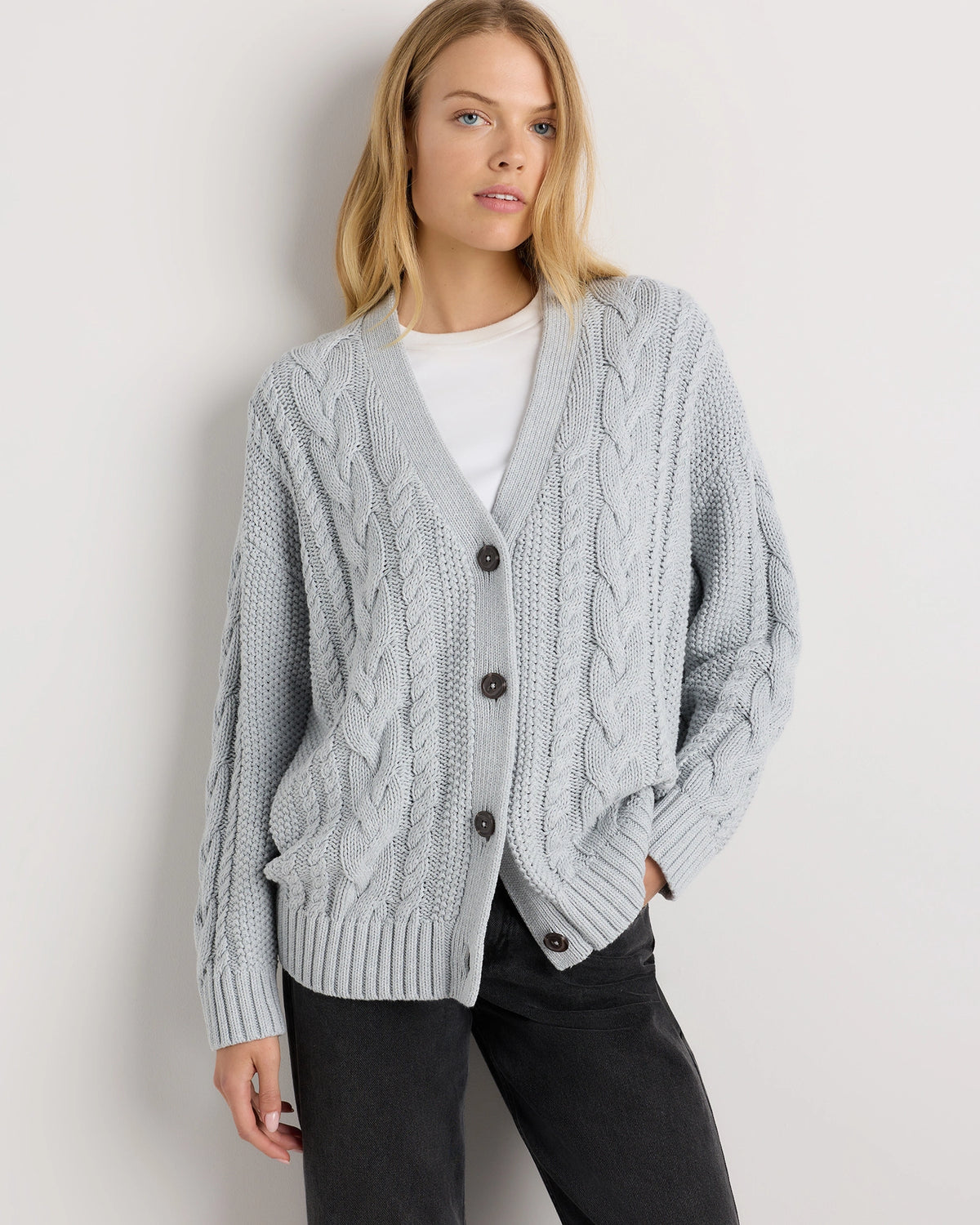 Heather Dove Grey Oversized Cable Knit Cardigan