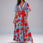 Women's Summer Casual Short Sleeve Floral Long Dress