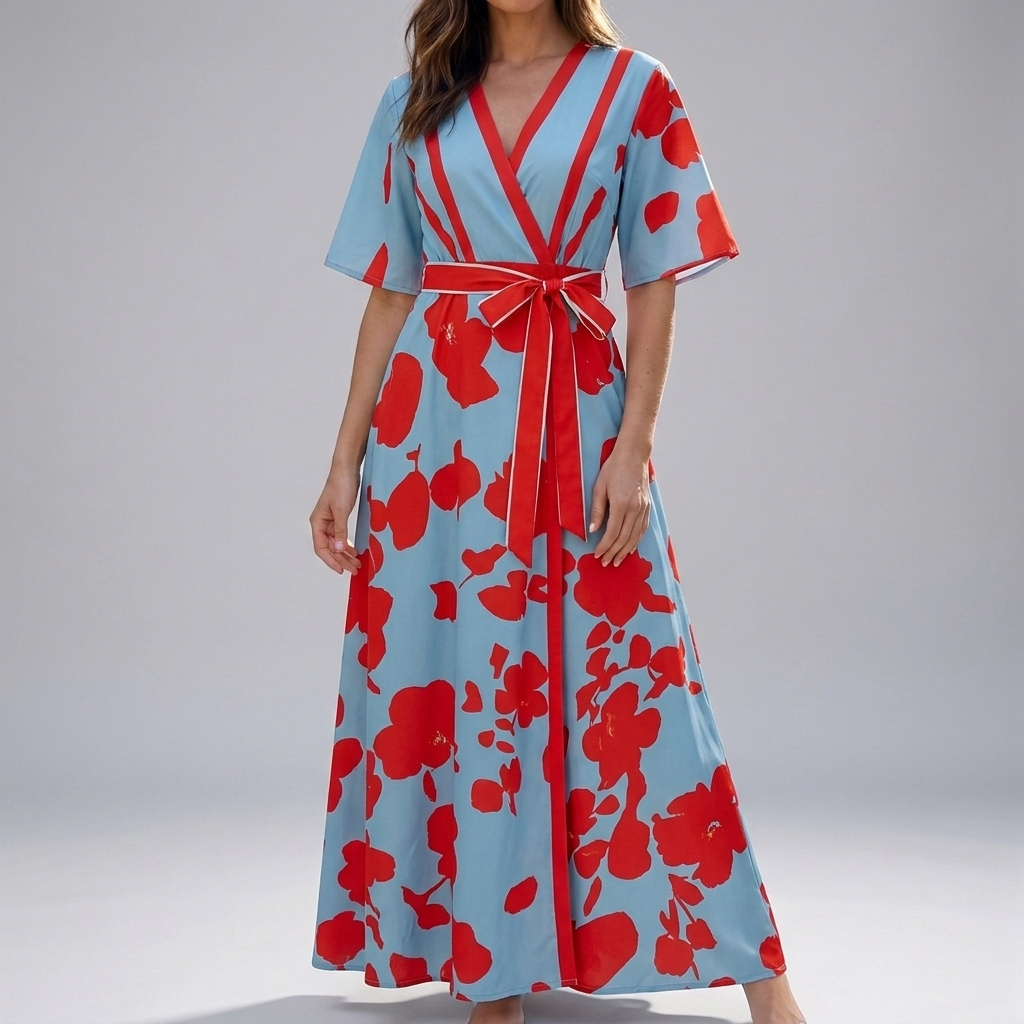 Women's Summer Casual Short Sleeve Floral Long Dress
