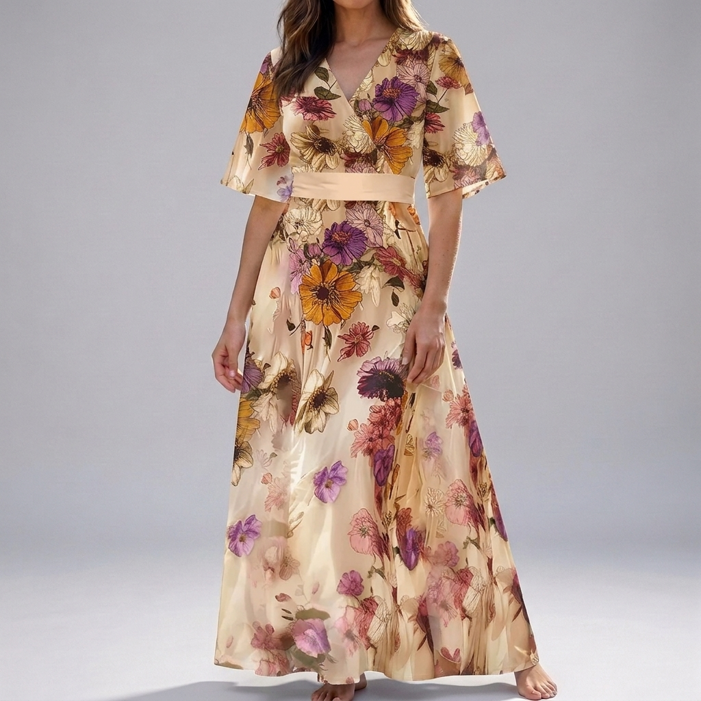 Women's Summer Casual Short Sleeve Floral Long Dress