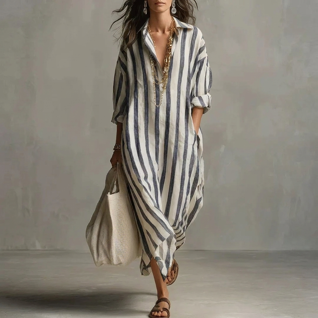 Nautical Breeze Collared Striped Shirt Dress