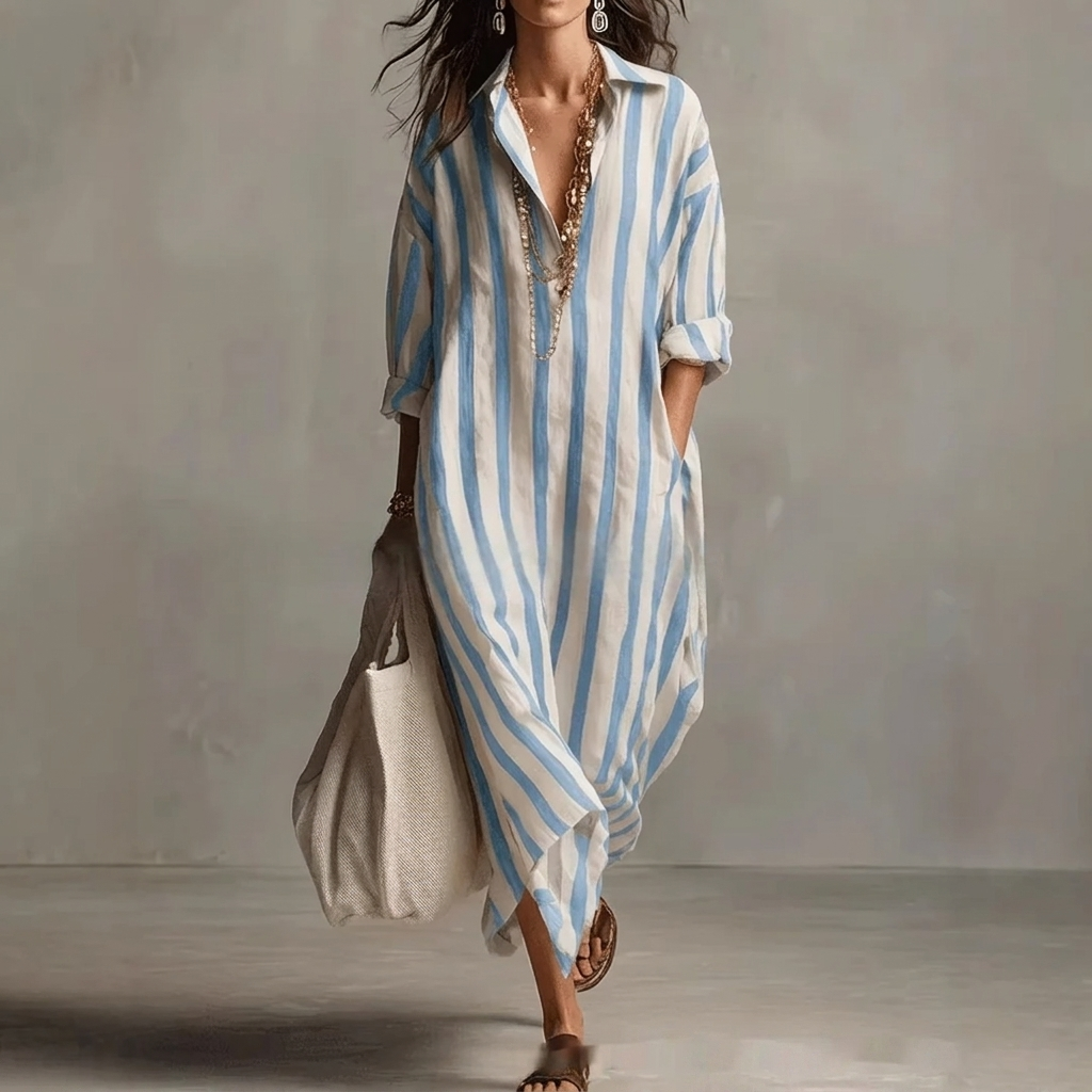 Nautical Breeze Collared Striped Shirt Dress