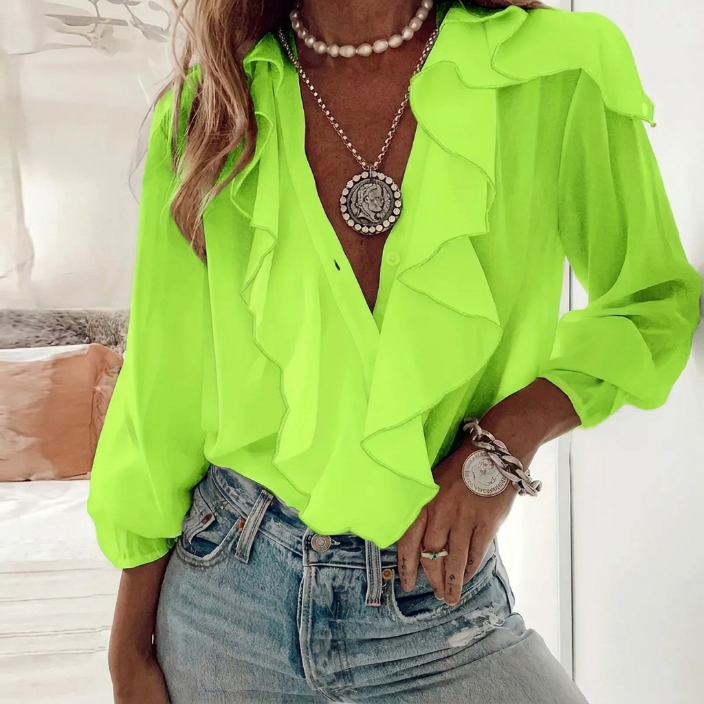 Elegant Ruffle-Trim V-Neck Long Sleeve Blouse